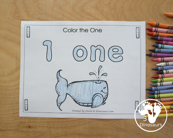 Free Romping and Roaring Number 1 Pack - with number 1 worksheets, number 1 puzzles, number 1 handwriting, number 1 dot marker worksheets and more for PreK and kindergarten age kids with a whale theme.  - 3Dinosaurs.com