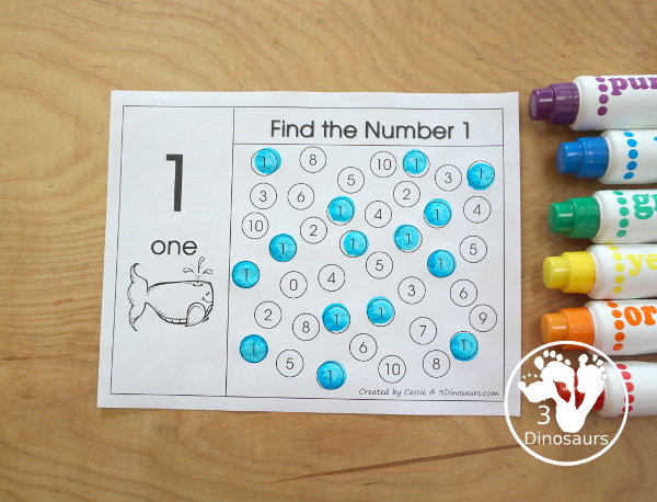 Free Romping and Roaring Number 1 Pack - with number 1 worksheets, number 1 puzzles, number 1 handwriting, number 1 dot marker worksheets and more for PreK and kindergarten age kids with a whale theme.  - 3Dinosaurs.com