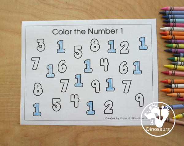 Free Romping and Roaring Number 1 Pack - with number 1 worksheets, number 1 puzzles, number 1 handwriting, number 1 dot marker worksheets and more for PreK and kindergarten age kids with a whale theme.  - 3Dinosaurs.com