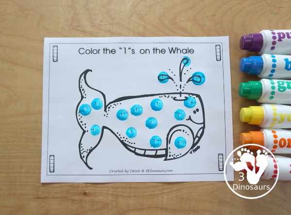 Free Romping and Roaring Number 1 Pack - with number 1 worksheets, number 1 puzzles, number 1 handwriting, number 1 dot marker worksheets and more for PreK and kindergarten age kids with a whale theme.  - 3Dinosaurs.com