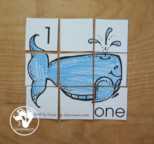 Free Romping and Roaring Number 1 Pack - with number 1 worksheets, number 1 puzzles, number 1 handwriting, number 1 dot marker worksheets and more for PreK and kindergarten age kids with a whale theme.  - 3Dinosaurs.com