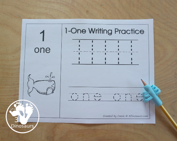 Free Romping and Roaring Number 1 Pack - with number 1 worksheets, number 1 puzzles, number 1 handwriting, number 1 dot marker worksheets and more for PreK and kindergarten age kids with a whale theme.  - 3Dinosaurs.com