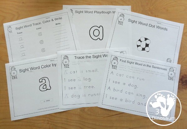 Free Romping & Roaring Preprimer Sight Words Packs Set 1: A, And, Away, Big - 6 pages of activities for each preprimer sight words: a, and, away, big. These are great for easy to use learning centers - 3Dinosaurs.com