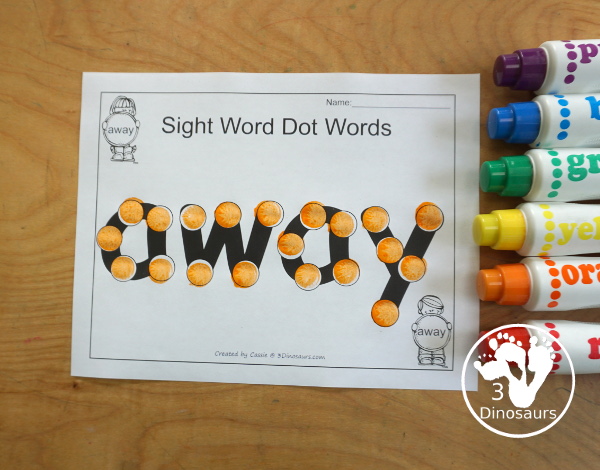 Free Romping & Roaring Preprimer Sight Words Packs Set 1: A, And, Away, Big - 6 pages of activities for each preprimer sight words: a, and, away, big. These are great for easy to use learning centers - 3Dinosaurs.com