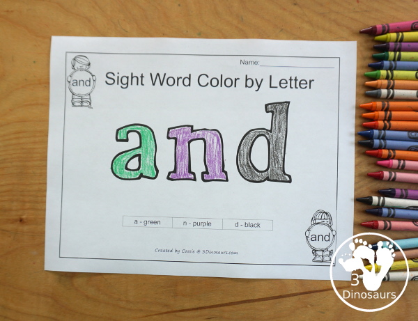 Free Romping & Roaring Preprimer Sight Words Packs Set 1: A, And, Away, Big - 6 pages of activities for each preprimer sight words: a, and, away, big. These are great for easy to use learning centers - 3Dinosaurs.com