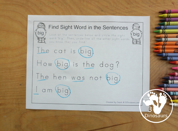 Free Romping & Roaring Preprimer Sight Words Packs Set 1: A, And, Away, Big - 6 pages of activities for each preprimer sight words: a, and, away, big. These are great for easy to use learning centers - 3Dinosaurs.com