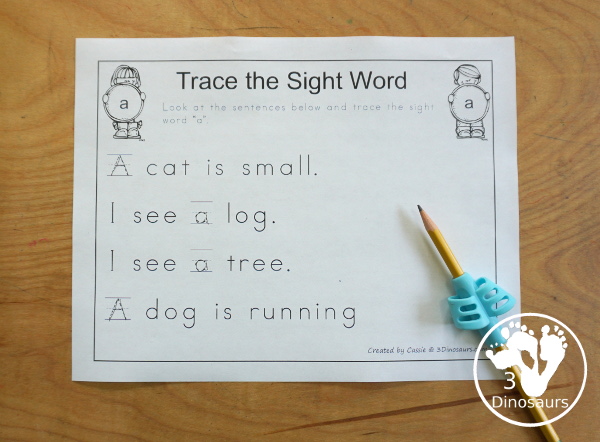 Free Romping & Roaring Preprimer Sight Words Packs Set 1: A, And, Away, Big - 6 pages of activities for each preprimer sight words: a, and, away, big. These are great for easy to use learning centers - 3Dinosaurs.com