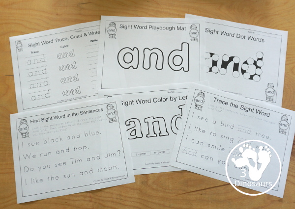 Free Romping & Roaring Preprimer Sight Words Packs Set 1: A, And, Away, Big - 6 pages of activities for each preprimer sight words: a, and, away, big. These are great for easy to use learning centers - 3Dinosaurs.com