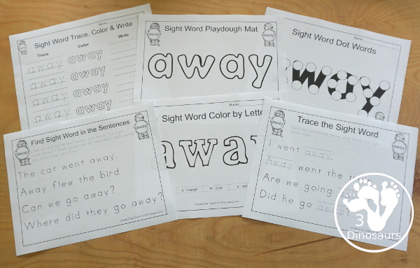 Free Romping & Roaring Preprimer Sight Words Packs Set 1: A, And, Away, Big - 6 pages of activities for each preprimer sight words: a, and, away, big. These are great for easy to use learning centers - 3Dinosaurs.com