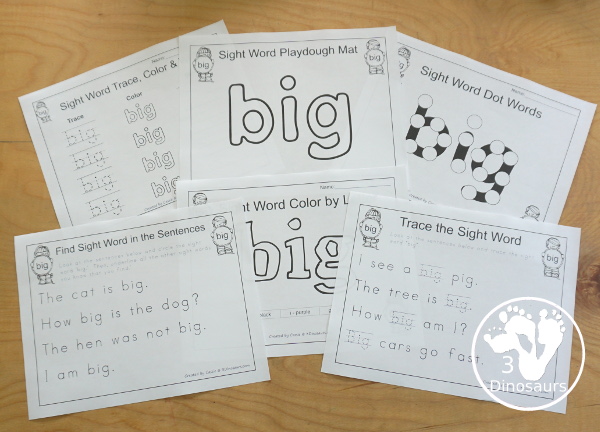 Free Romping & Roaring Preprimer Sight Words Packs Set 1: A, And, Away, Big - 6 pages of activities for each preprimer sight words: a, and, away, big. These are great for easy to use learning centers - 3Dinosaurs.com