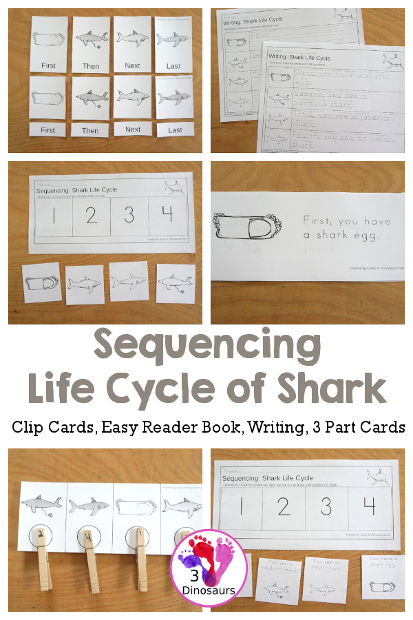 Sequencing: Shark Life Cycle Printable with clip cards, task cards, no-prep worksheets, writing activities, and easy reader books $ - 3Dinosaurs.com  #sequencingforkids 