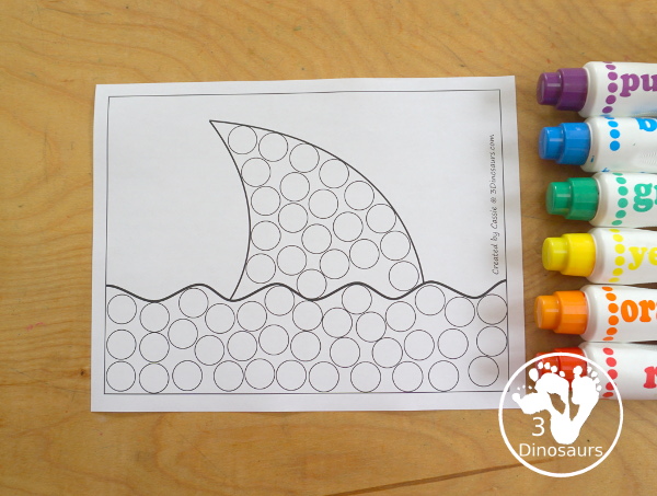 Free Shark Fin Fine Motor Mat Printables - three fun shark fine motor mats with a shark fin template printable, shark find tracing printable, and shark fin dot marker printable - 3Dinosaurs.com