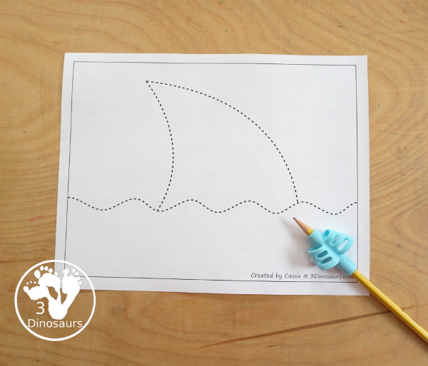 Free Shark Fin Fine Motor Mat Printables - three fun shark fine motor mats with a shark fin template printable, shark find tracing printable, and shark fin dot marker printable - 3Dinosaurs.com