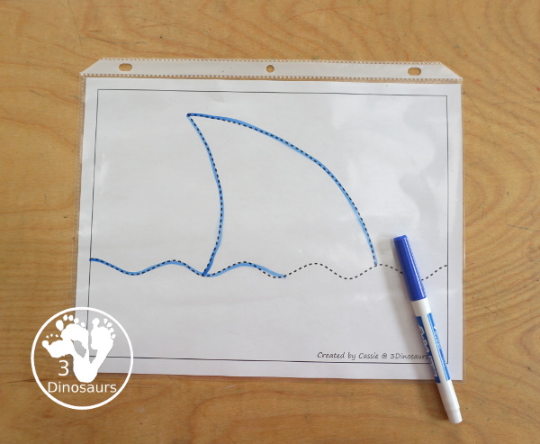 Free Shark Fin Fine Motor Mat Printables - three fun shark fine motor mats with a shark fin template printable, shark find tracing printable, and shark fin dot marker printable - 3Dinosaurs.com