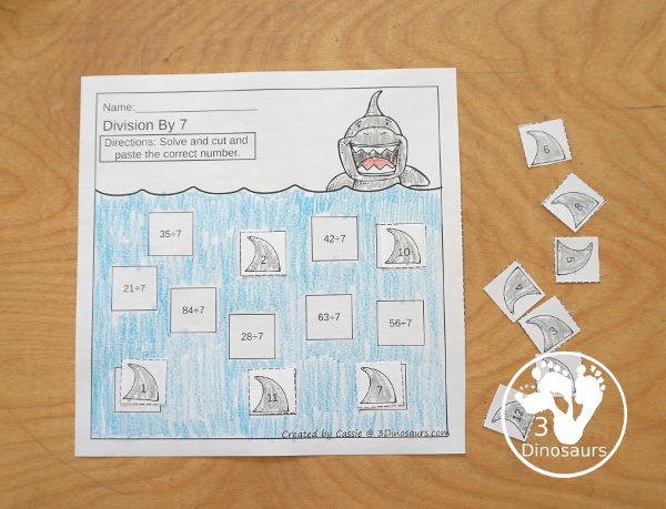 Shark Multiplication & Division Cut & Paste and Matching with cut and paste worksheets for division and multiplication with numbers 1 to 12 and match puzzles and matching mats for division and multiplication - 3Dinosaurs.com