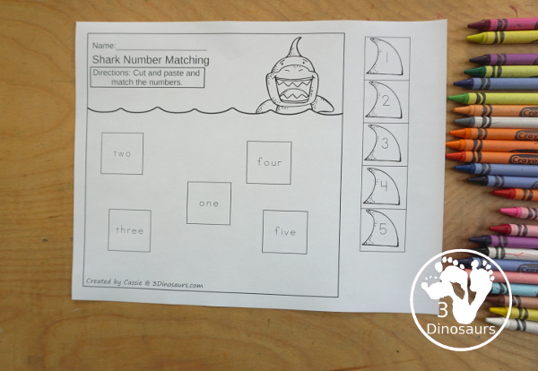 Free Shark Cut and Paste Numbers Worksheet - with matching numbers and words with a shark fin theme - 3Dinosaurs.com