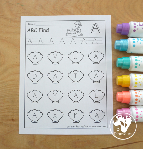 Beach ABC Letter Find Printable with all 26 letters of the alphabet. You trace the letters and then find the letters on the sea shells. You have uppercase only and lowercase only. You have 52 pages in the set.  - 3Dinosaurs.com