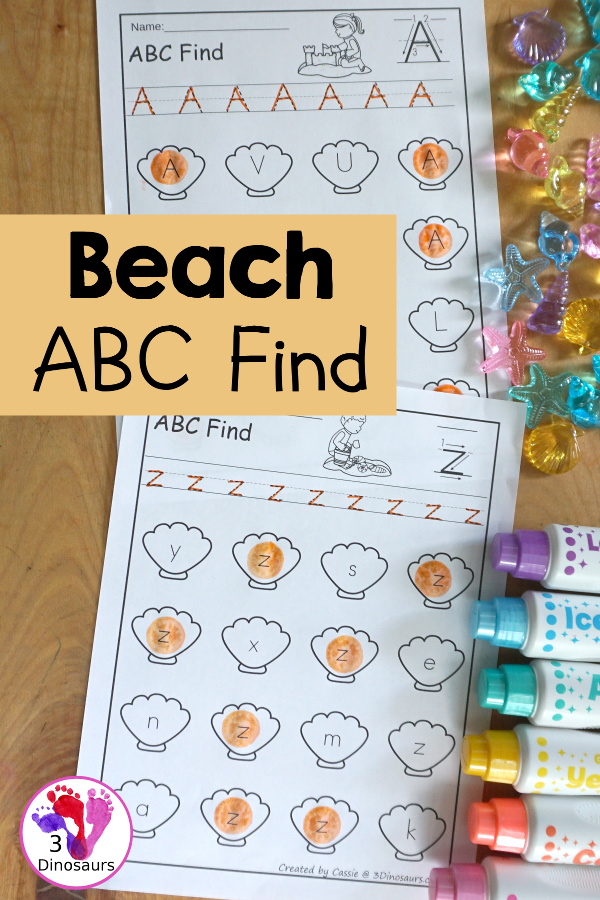 Beach ABC Letter Find Printable with all 26 letters of the alphabet. You trace the letters and then find the letters on the sea shells. You have uppercase only and lowercase only. You have 52 pages in the set.  - 3Dinosaurs.com