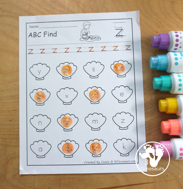 Beach ABC Letter Find Printable with all 26 letters of the alphabet. You trace the letters and then find the letters on the sea shells. You have uppercase only and lowercase only. You have 52 pages in the set.  - 3Dinosaurs.com