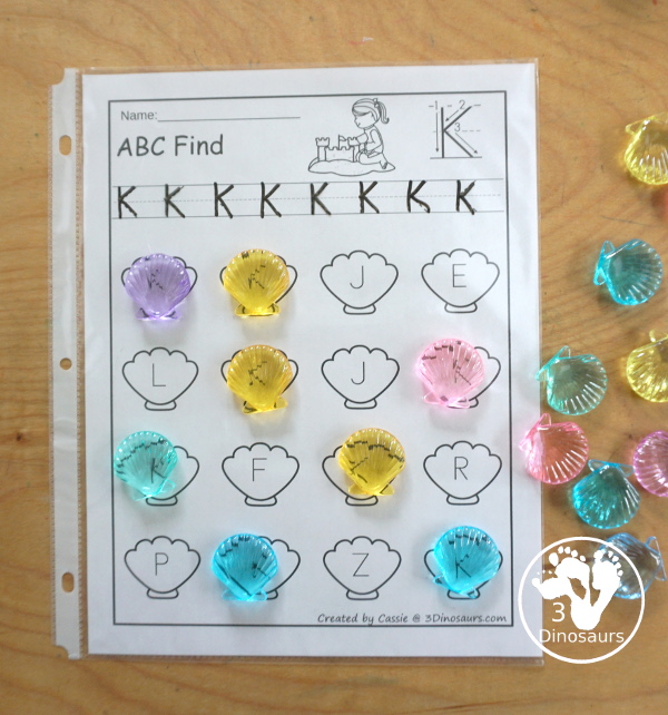 Beach ABC Letter Find Printable with all 26 letters of the alphabet. You trace the letters and then find the letters on the sea shells. You have uppercase only and lowercase only. You have 52 pages in the set.  - 3Dinosaurs.com