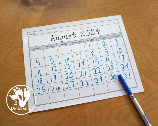 7 Non-Themed Calendars for August 2024 – July 2025 with tracing, dot the number, coloring, writing and tracing - 3Dinosaurs.com