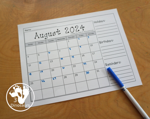 7 Non-Themed Calendars for August 2024 – July 2025 with tracing, dot the number, coloring, writing and tracing - 3Dinosaurs.com