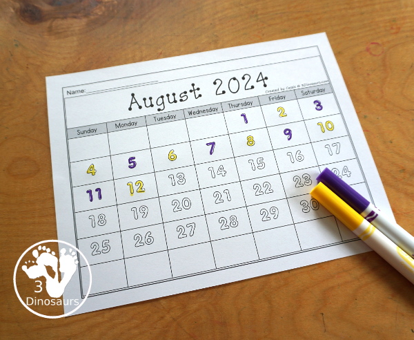 7 Non-Themed Calendars for August 2024 – July 2025 with tracing, dot the number, coloring, writing and tracing - 3Dinosaurs.com