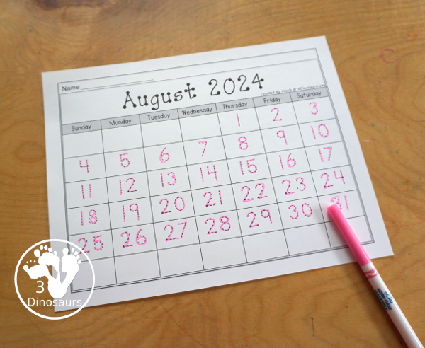 7 Non-Themed Calendars for August 2024 – July 2025 with tracing, dot the number, coloring, writing and tracing - 3Dinosaurs.com