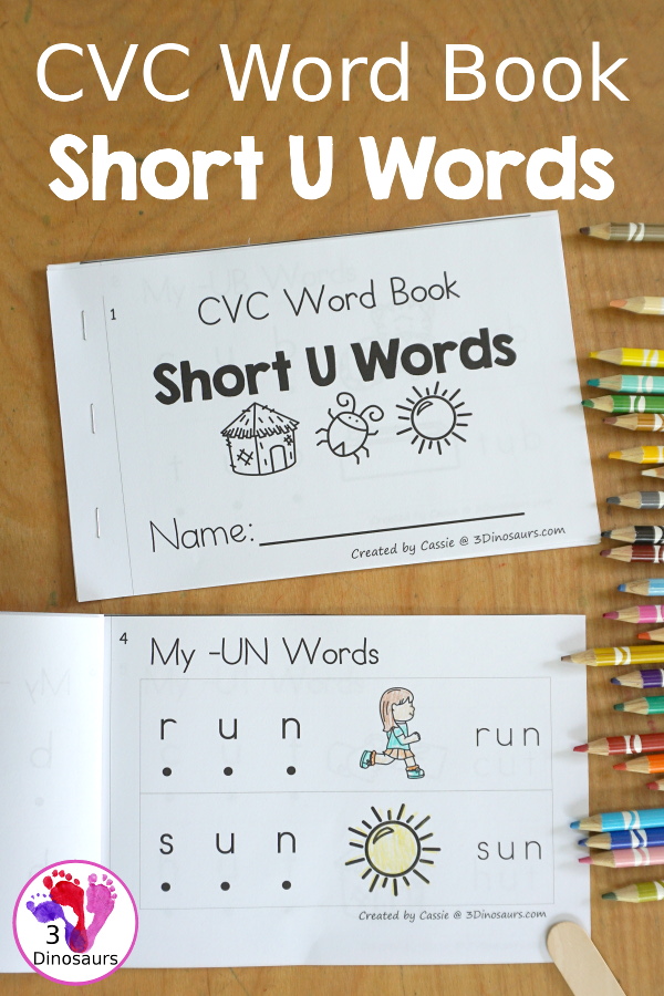 Free CVC Short U Word Book: Blending Words - a simple easy reader book with blends words for CVC short U words with sounding out letters and then blends the letters to make a word. - 3Dinosaurs.com