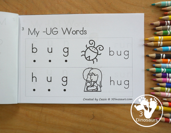 Free CVC Short U Word Book: Blending Words - a simple easy reader book with blends words for CVC short U words with sounding out letters and then blends the letters to make a word. - 3Dinosaurs.com