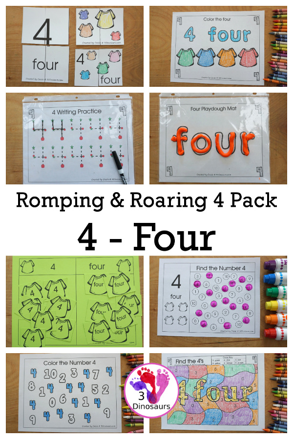 Free Romping and Roaring Number 4 Pack - with number 4 worksheets, number 4 puzzles, number 4 handwriting, number 4 dot marker worksheets and more for PreK and kindergarten age kids with a shirt theme.  - 3Dinosaurs.com