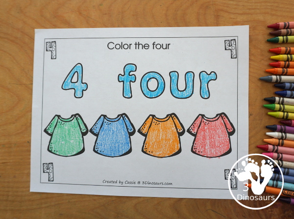 Free Romping and Roaring Number 4 Pack - with number 4 worksheets, number 4 puzzles, number 4 handwriting, number 4 dot marker worksheets and more for PreK and kindergarten age kids with a shirt theme.  - 3Dinosaurs.com