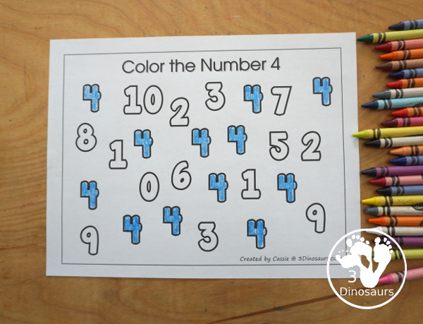 Free Romping and Roaring Number 4 Pack - with number 4 worksheets, number 4 puzzles, number 4 handwriting, number 4 dot marker worksheets and more for PreK and kindergarten age kids with a shirt theme.  - 3Dinosaurs.com