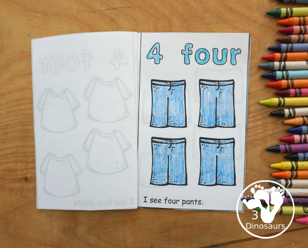 Free Romping and Roaring Number 4 Pack - with number 4 worksheets, number 4 puzzles, number 4 handwriting, number 4 dot marker worksheets and more for PreK and kindergarten age kids with a shirt theme.  - 3Dinosaurs.com