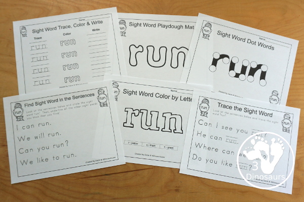 Romping & Roaring Preprimer Sight Words: Run, Said, See, The - you have 6 pages for each sight word that work on learning the sight word different ways with reading, writing, and finding. 3Dinosaurs.com