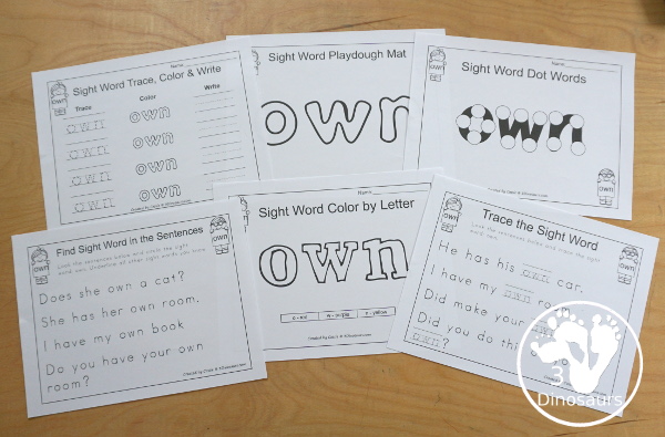 Free Romping & Roaring Third Grade Sight Words Packs Set 8: Own - 6 pages of activities for each third Grade sight word: own. These are great sight word printables for learning centers - 3Dinosaurs.com