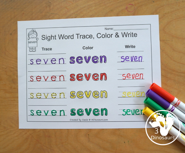 Free Romping & Roaring Third Grade Sight Words Packs Set 8: Own, Pick, Seven, Shall - 6 pages of activities for each third Grade sight words: own, pick, seven, shall. These are great sight word printables for learning centers - 3Dinosaurs.com