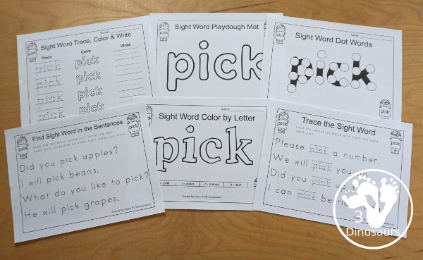 Free Romping & Roaring Third Grade Sight Words Packs Set 8:Pick - 6 pages of activities for each third Grade sight word: pick. These are great sight word printables for learning centers - 3Dinosaurs.com