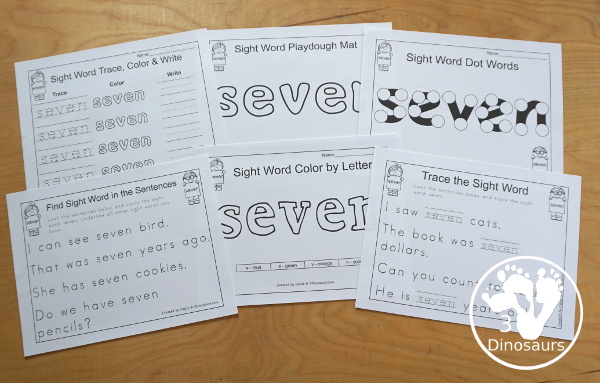 Free Romping & Roaring Third Grade Sight Words Packs Set 8: Seven - 6 pages of activities for each third Grade sight word: seven. These are great sight word printables for learning centers - 3Dinosaurs.com