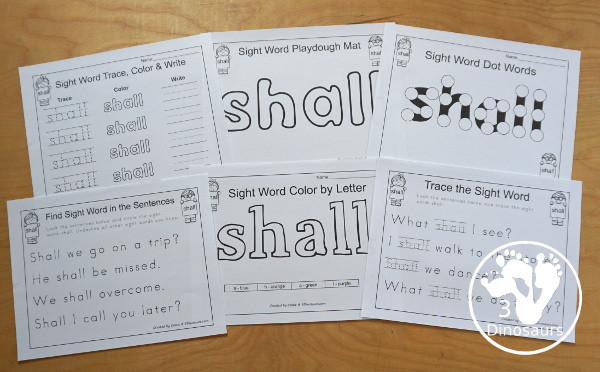 Free Romping & Roaring Third Grade Sight Words Packs Set 8: Shall - 6 pages of activities for each third Grade sight word: shall. These are great sight word printables for learning centers - 3Dinosaurs.com