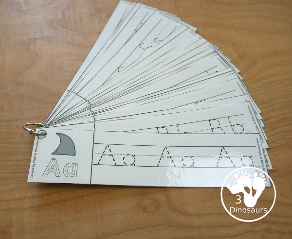 Free Shark ABC Tracing Strips - with uppercase and lowercase together. You have fun kids with a shark fin plus you can see an example of how to trace the letters. They have all 26 letters of the alphabet - 3Dinosaurs.com