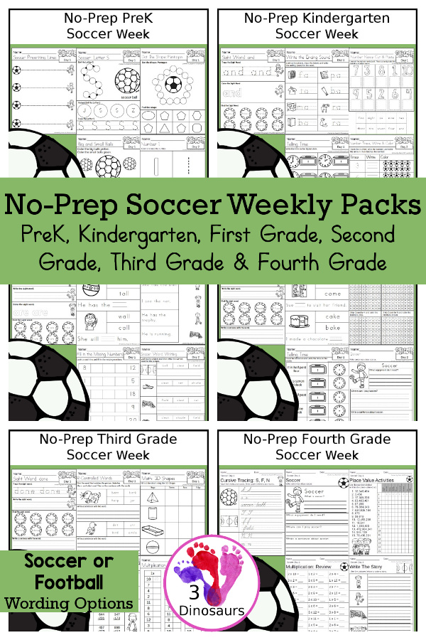 No-Prep Soccer Weekly Packs PreK, Kindergarten, First Grade, Second Grade, Third Grade & Fourth Grade with 5 days of activities to do for each grade level with soccer words. You will find a mix of math, language, and more - These are easy to use packs for homework and morning work. Easy no-prep printables for kids with four pages for each day - 3Dinosaurs.com