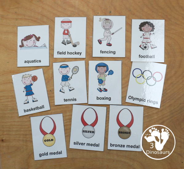 Free Summer Olympics Tot Printables - 36 vocab cards to use with kids with 9 cards on each page. 3Dinosaurs.com