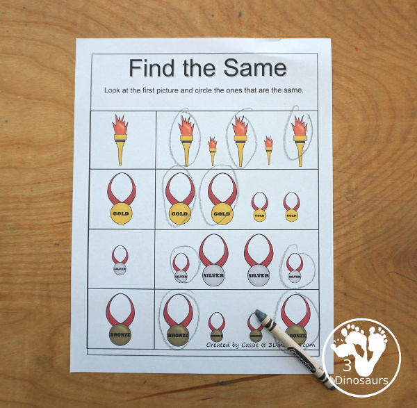 Free Summer Olympics Tot Printables - find the same picture in each row a great worksheet -  3Dinosaurs.com