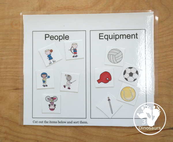 Free Summer Olympics Tot Printables - sorting people and equipment with 5 pictures for each side. -  3Dinosaurs.com