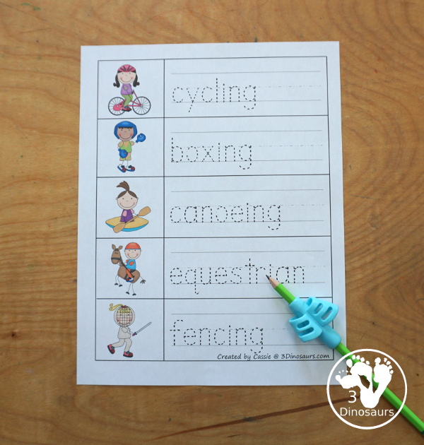 Free Summer Olympics Tot Printables - tracing the sports words -  3Dinosaurs.com