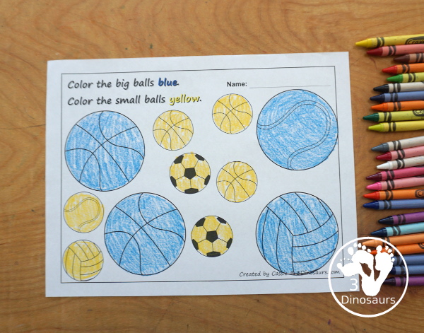 Free Summer Olympics Tot Printables - a color by size worksheet that uses different types of sports balls. -  3Dinosaurs.com