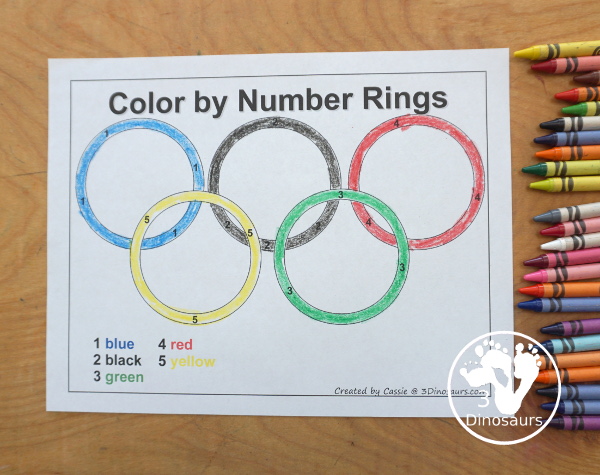 Free Summer Olympics Tot Printables - a fun coloring page with the Olympic rings that you color by number -  3Dinosaurs.com