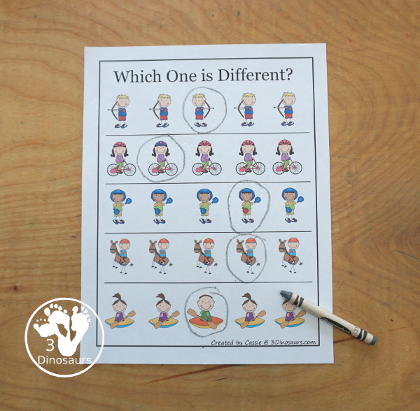 Free Summer Olympics Tot Printables - which one is different worksheet to find the different one in each row. 3Dinosaurs.com