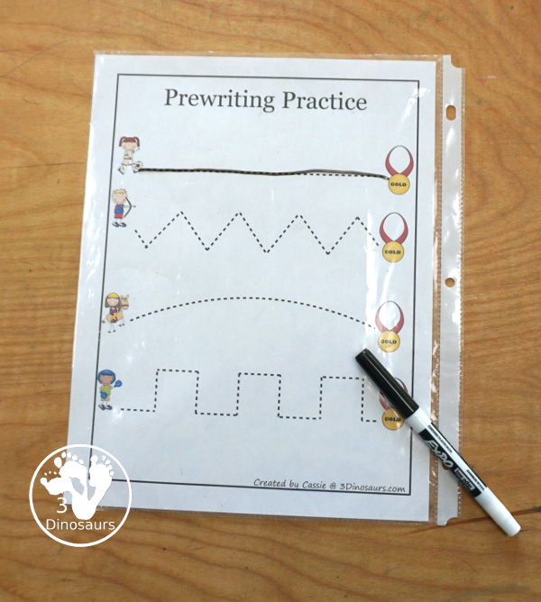 Free Summer Olympics Tot Printables - 3 pages of prewriting printables with different lines for kids to trace . 3Dinosaurs.com